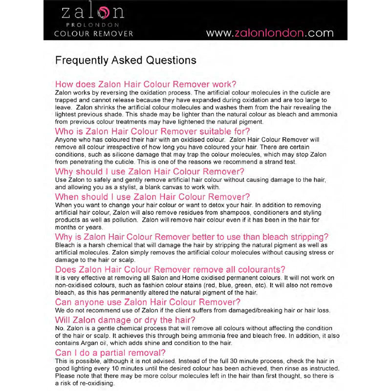 Zalon Hair Colour Remover Frequently Asked Questions document with contact information.